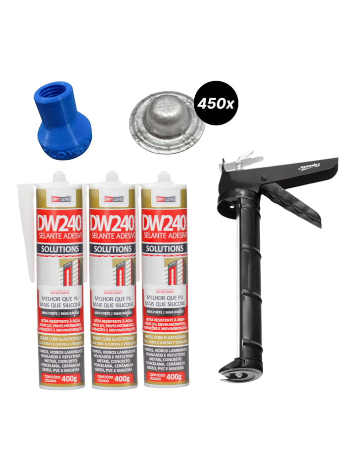 3x Selante DW240 + Aplicador de Silicone 9 Polegadas Sparta + Bico Injetor Veipar + 450x Protetor de Parafuso Veipar 