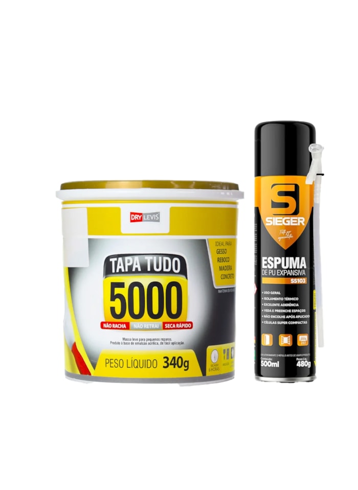 Kit 1x Espuma de PU Expansiva 500ML Sieger + 1x Massa Tapa Tudo 340G