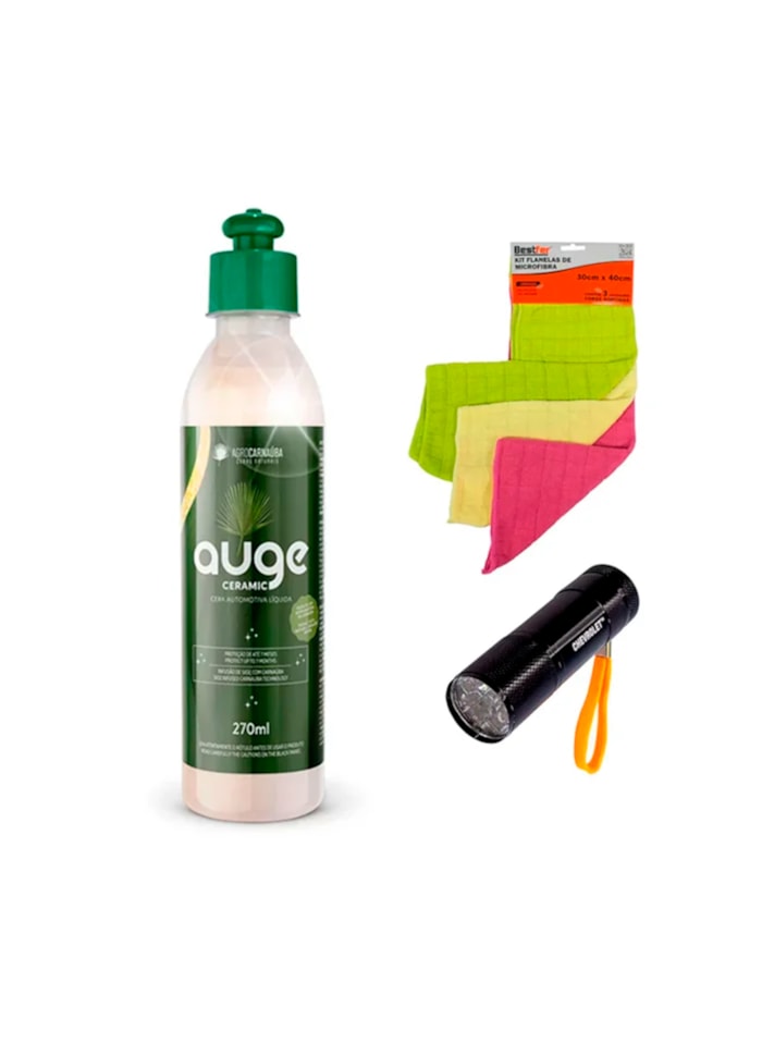 KIT Cera de Carnaúba Auge Creme 270ML + Kit Panos Multiuso Microfibra + Lanterna de Alumínio