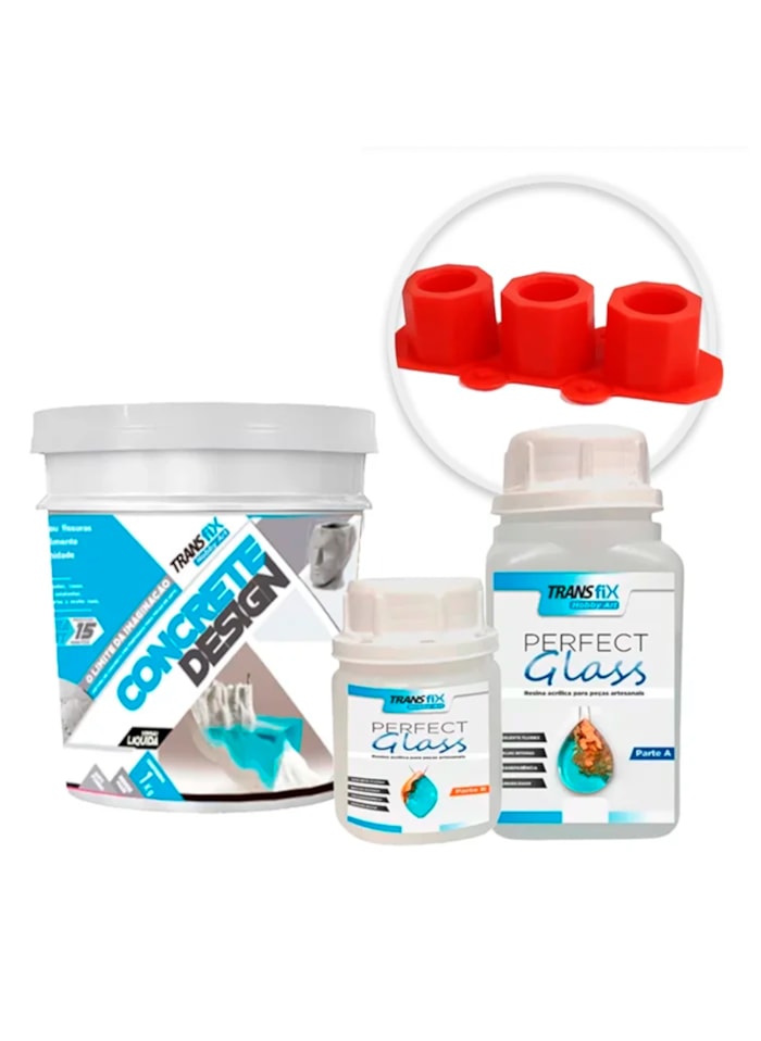 KIT Hobby Art Concrete Design 1KG Cinza (1un) + Perfect Glass 1,5KG (1un) + Molde Silicone p/ Vaso Suculenta c/ 3 (1un)