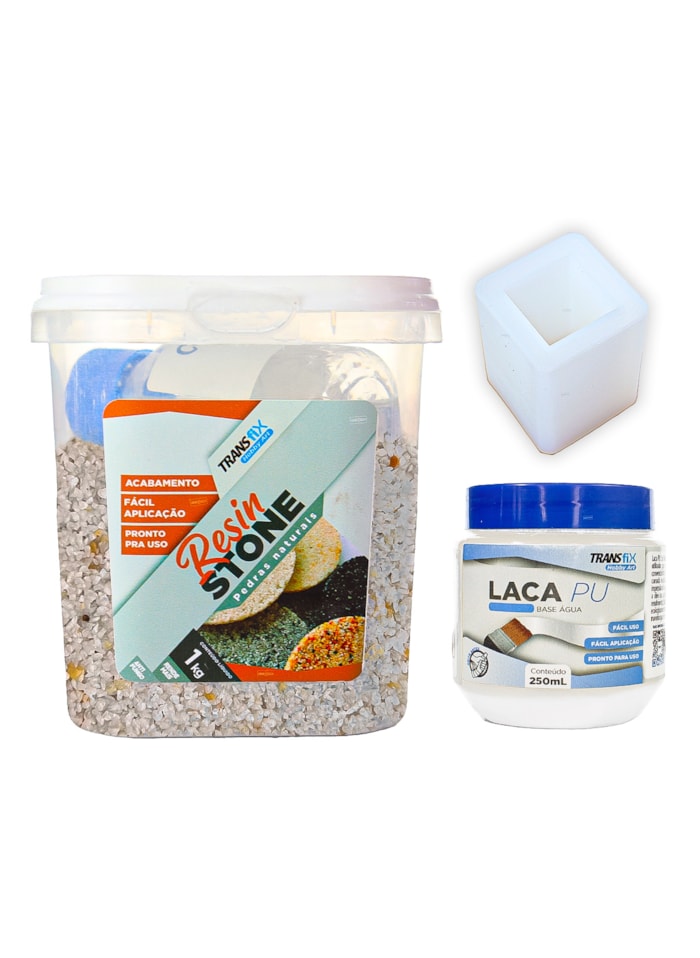 Kit Hobby Art Resin Stone 1KG + Laca PU 250ML Brilhante + Molde de Silicone Escova/Caneta Quadrado