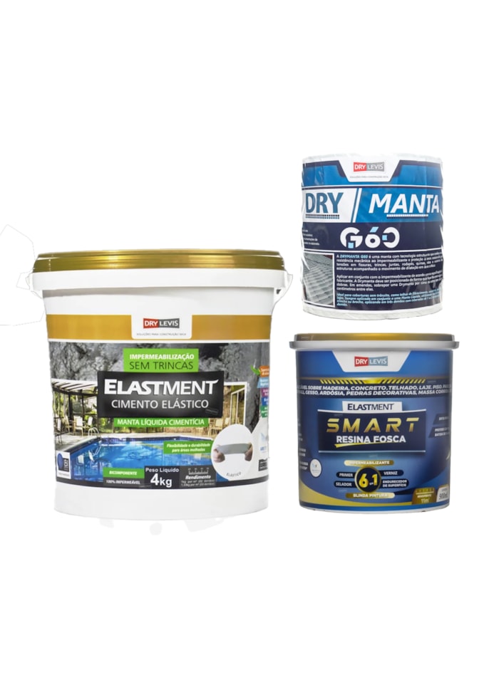 Kit para Vazamento no Telhado - 1x Cimento Elástico 4KG Cinza + Smart Resina 900ml +  Drymanta 16x25cm