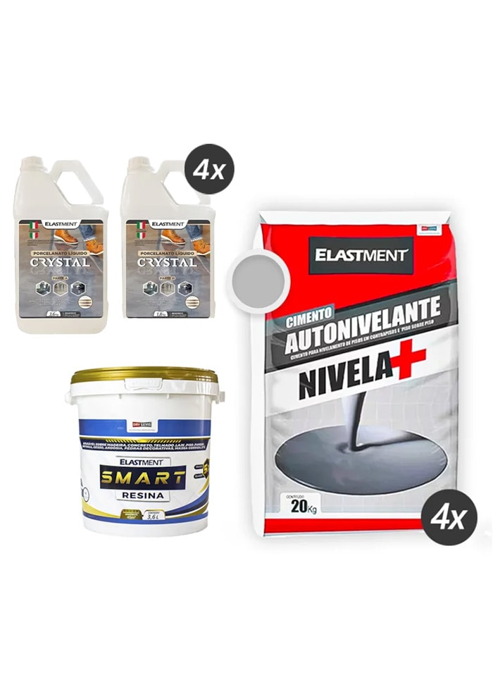 Kit Piso Líquido Sobre Contrapiso - 1x Smart Resina 3,6L + 4x Cimento Nivela+ 20KG Cinza + 4x Porcelanato Líquido 5,4KG