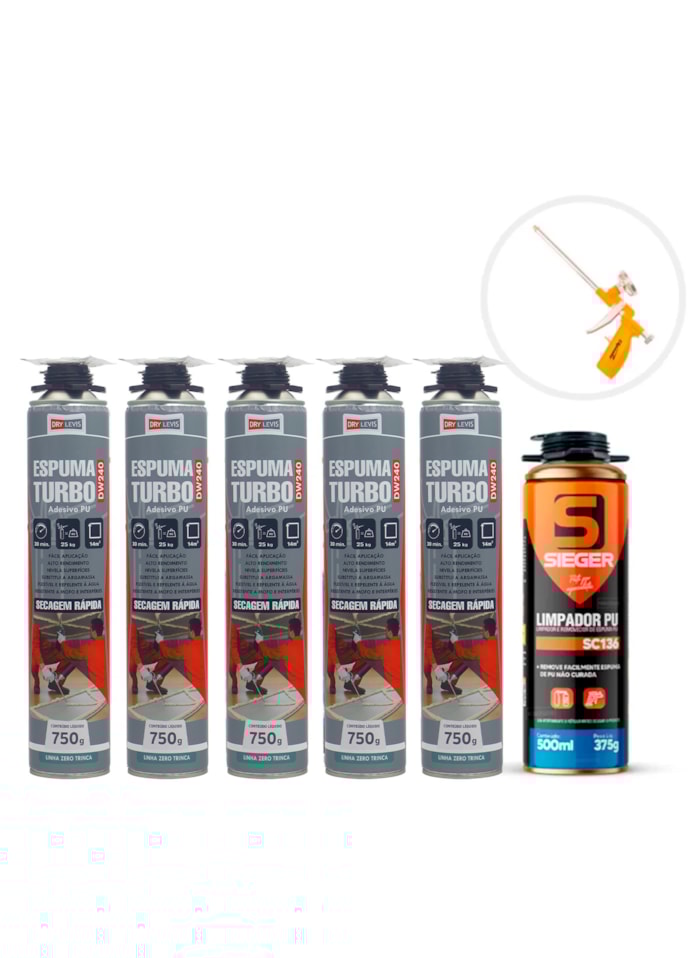 Kit Profissional de Espuma Turbo DW240 - Drylevis (5x 750G) + Limpador Sieger 500ml + Pistola Aplicadora
