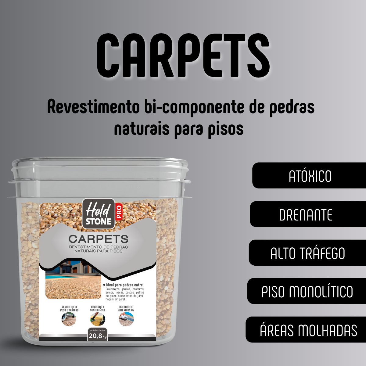 Carpets Pedras Decorativas Hold Stone Pro, 20,8KG Jaspe Cinza