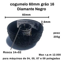 Disco Cogumelo de 6cm Diamante Negro Grão 16 Cupins de Aço