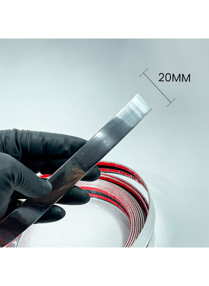 Fita Metalizada de PVC de 20MM com Autocolante Cromada - Por Metro