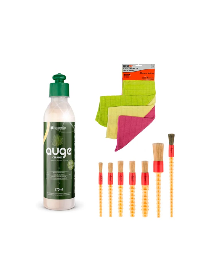 KIT Cera de Carnaúba Auge Creme + Kit de Pincéis Automotivo + Kit Pano Multiuso Microfibra