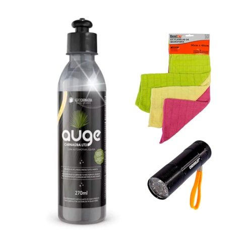 KIT Cera de Carnaúba Auge Preto 270ML + Kit Panos Multiuso Microfibra + Lanterna de Alumínio