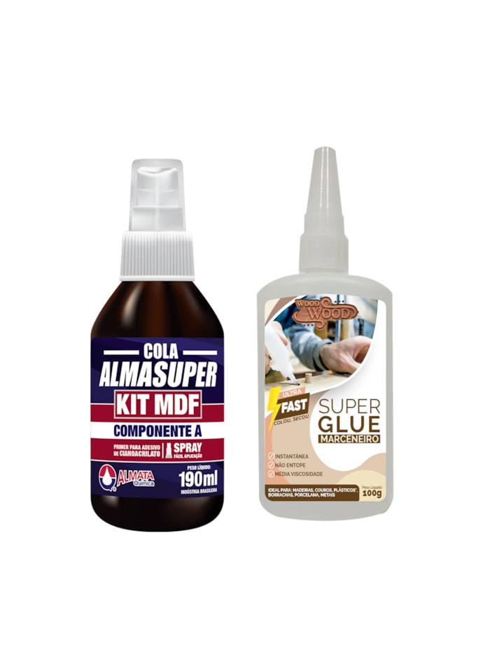 Kit Cola para MDF - Spray Almasuper 190ML (Comp. A) + Super Cola Ultra Fast 100G Wood Wood (Comp. B)