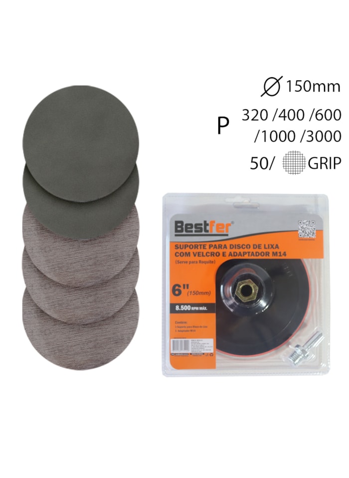 Kit de Lixas P320 / P400 / P600 / P1000 / P3000 + Suporte para Disco de Lixa com Velcro e Adaptador