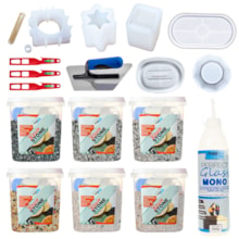 KIT Hobby Art Resin Stone 1KG 6 Cores + 6 Moldes + 3 Misturador Atlas + Desempenadeira Roma + Monocomponente 500G