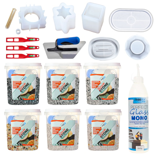 KIT Hobby Art Resin Stone 1KG 6 Cores + 6 Moldes + 3 Misturador Atlas + Desempenadeira Roma + Monocomponente 500G