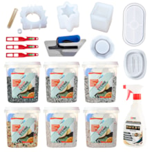 KIT Hobby Art Resin Stone 1KG 6 Cores + 6 Moldes + 3 Misturador Atlas + Desempenadeira Roma + Smart Resina 500ML