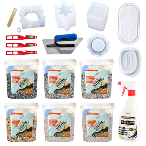 KIT Hobby Art Resin Stone 1KG 6 Cores + 6 Moldes + 3 Misturador Atlas + Desempenadeira Roma + Smart Resina 500ML