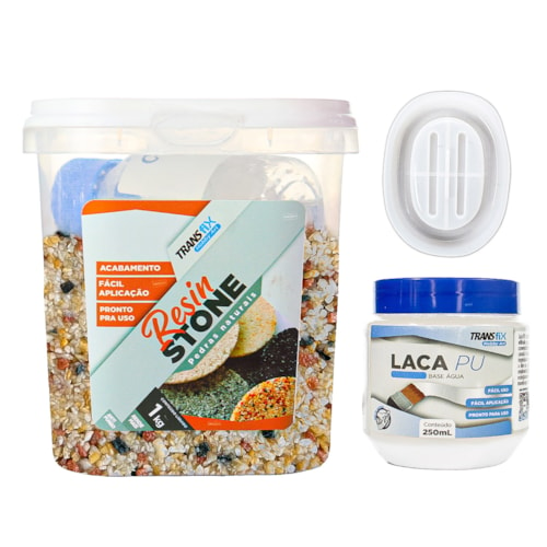 KIT Hobby Art Resin Stone 1KG Agra + Laca PU 250ML Brilhante + Molde de Silicone Saboneteira Arredondado 13x10x2cm