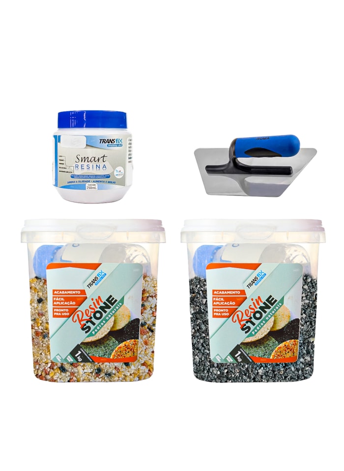 Kit Hobby Art Resin Stone 1kg Agra / Vesúvio + Smart Resina 250ML + Desempenadeira Roma + Molde