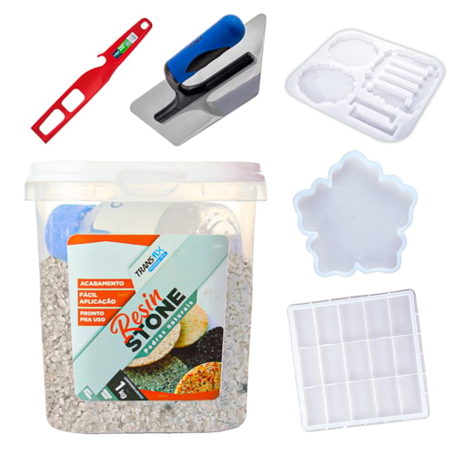 KIT Hobby Art Resin Stone 1KG Casa Blanca + 3 Moldes + 1 Misturador Atlas + Desempenadeira Roma