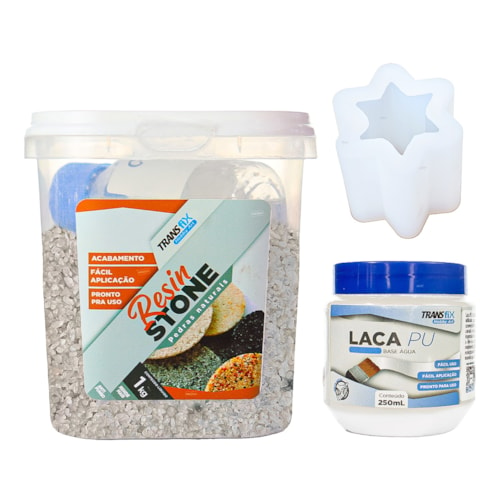 KIT Hobby Art Resin Stone 1KG Casa Blanca + Laca PU 250ML Brilhante + Molde de Silicone Escova/Caneta Estrela