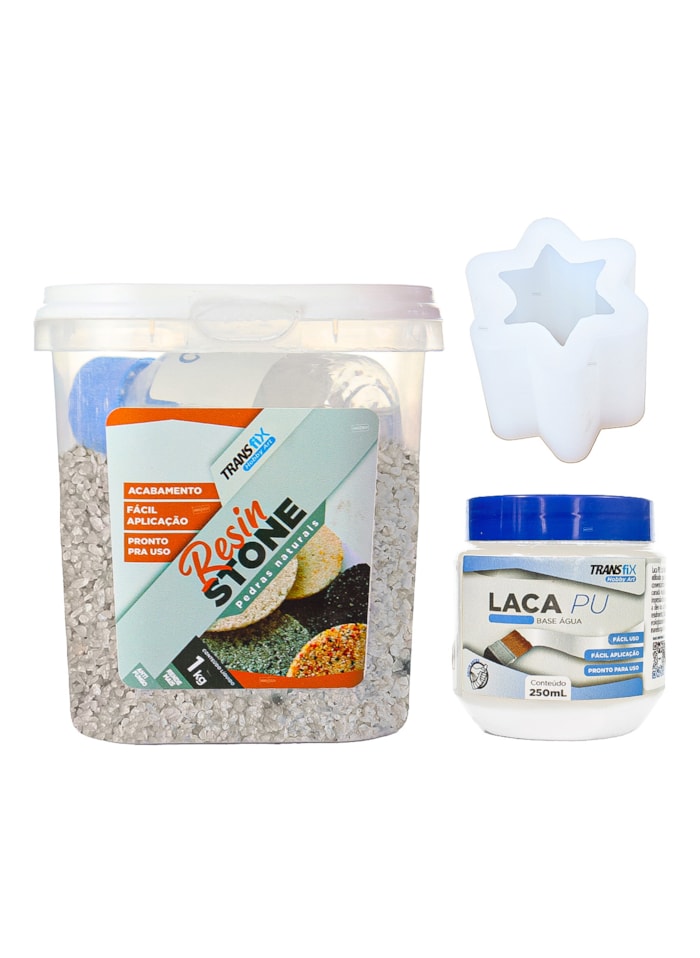 Kit Hobby Art Resin Stone 1KG Casa Blanca + Laca PU 250ML Brilhante + Molde de Silicone Escova/Caneta Estrela