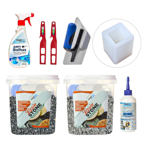 KIT Hobby Art Resin Stone 1kg Nova York/Vesúvio + Perfect Mono 100G + AntiBolhas + 2 Misturador + Desempenadeira + Molde