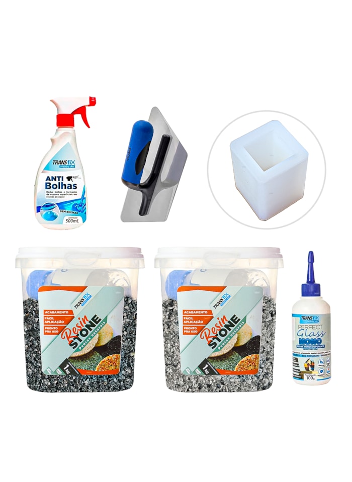 Kit Hobby Art Resin Stone 1kg Nova York/Vesúvio + Perfect Mono 100G + AntiBolhas + Desempenadeira + Molde
