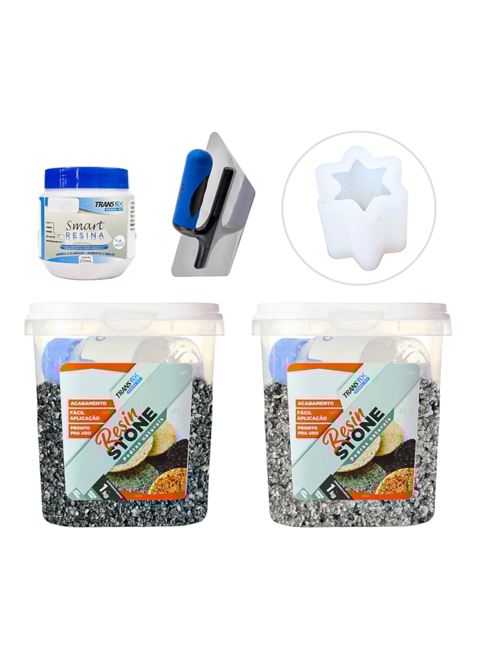 Kit Hobby Art Resin Stone 1kg Vesúvio / Nova York + Smart Resina 250ML + Desempenadeira Roma + Molde