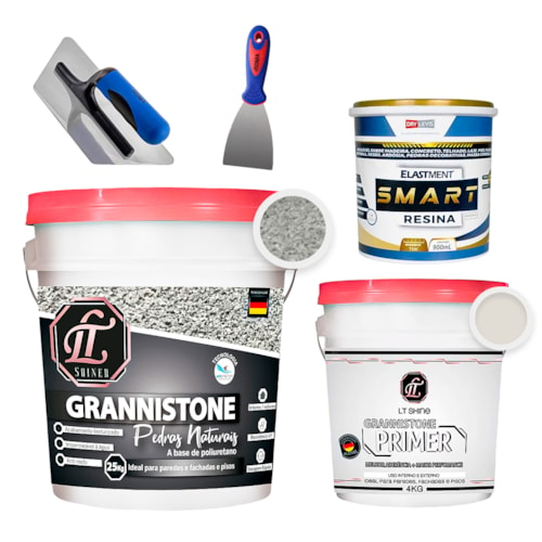 KIT LT Grannistone 25KG Branco Dallas + Primer 4KG Off White + Smart Resina 900ML + Desempenadeira + Espátula 8cm