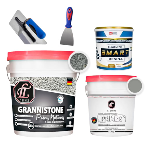 KIT LT Grannistone 25KG Cinza Andorinha + Primer 4KG Cinza Claro + Smart Resina 900ML + Desempenadeira + Espátula 8cm