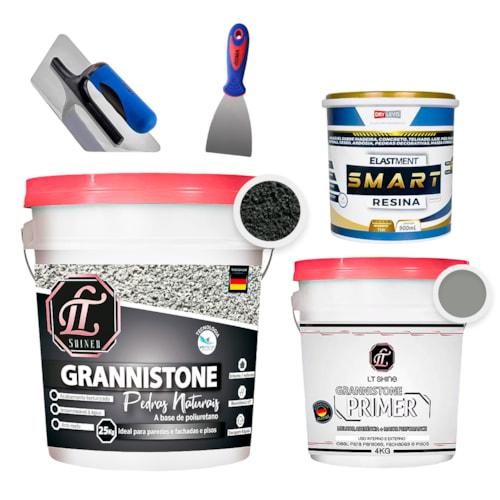 KIT LT Grannistone 25KG Cinza Clássico + Primer 4KG Cinza Claro + Smart Resina 900ML + Desempenadeira + Espátula 8cm