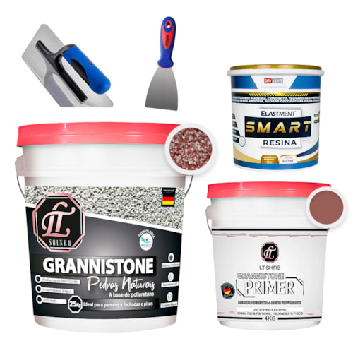 KIT LT Grannistone 25KG Pedra do Sol + Primer 4KG Vermelho Blush + Smart Resina 900ML + Desempenadeira + Espátula 8cm