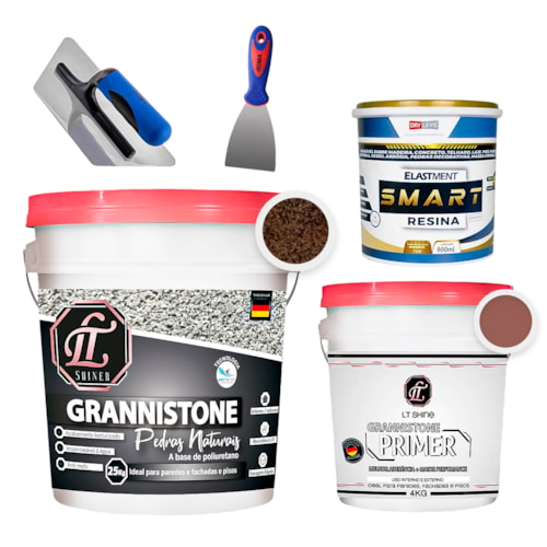 KIT LT Grannistone 25KG Verm. Brasilia + Primer 4KG Vermelho Blush + Smart Resina 900ML + Desempenadeira + Espátula 8cm