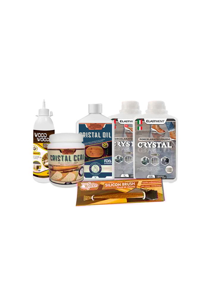 Kit Madeira 7 - Porcelanato Liquido 1,5KG + Cola Wood Wood 497G + Óleo Cristal 900ML + Cera Cristal 900ML