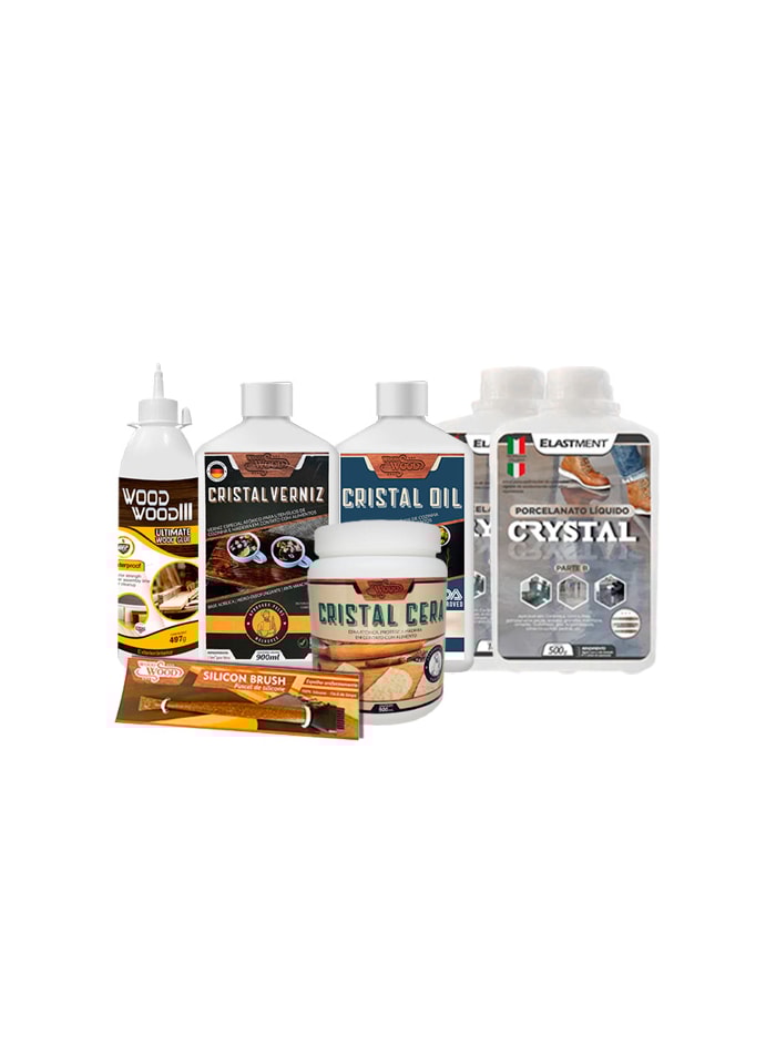 Kit Madeira 8 - Porcelanato Liquido 1,5KG + Cola Wood Wood 497G + Óleo Cristal 900ML + Cera Cristal 900ML +Verniz Cristal 900ML