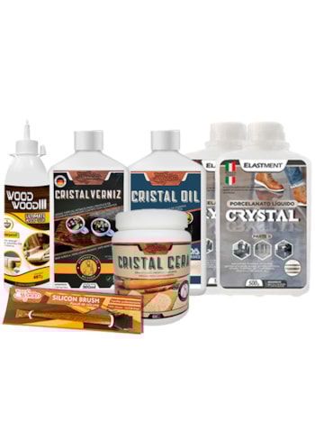 Kit Madeira 8 - Porcelanato Liquido 1,5KG + Cola Wood Wood 497G + Óleo Cristal 900ML + Cera Cristal 900ML +Verniz Cristal 900ML