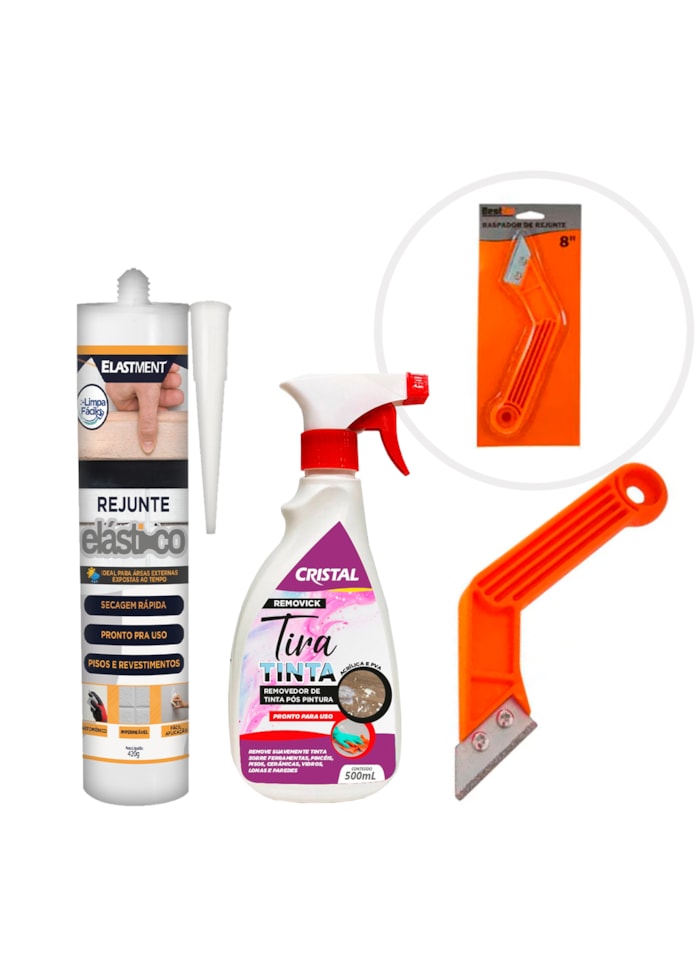 KIT Novo Rejunte - Tira Tintas 500ML + Rejunte Elástico Branco + Raspador de Rejunte