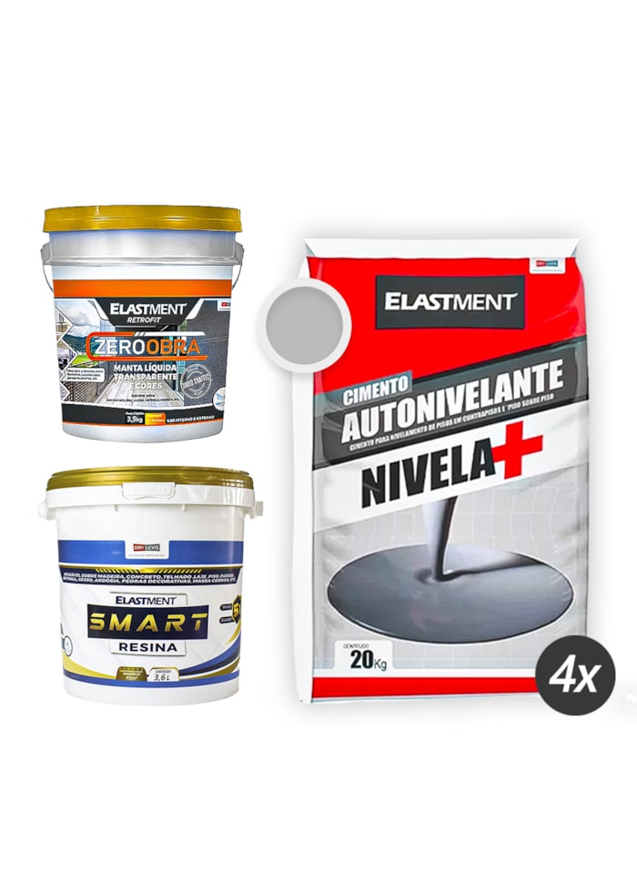 Kit Piso Líquido Sobre Contrapiso - 1x Smart Resina 3,6L + 4x Cimento Autonivelante 20KG Cinza + Zero Obra 3,5KG Incolor
