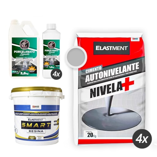 KIT Piso Líquido Sobre Contrapiso - 1x Smart Resina 3,6L + 4x Cimento Nivela+ 20KG Cinza + 4x Porcelanato Líquido 5,4KG