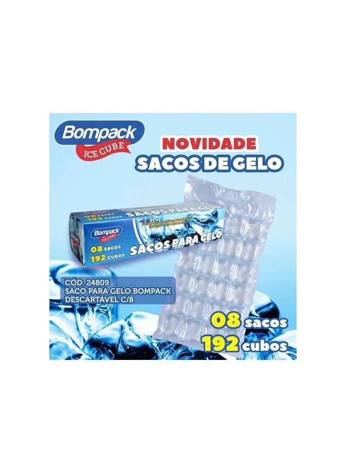 Saco para Gelo Bompack Descartável - 10 Caixas (8 sacos de 192 cubos cada)