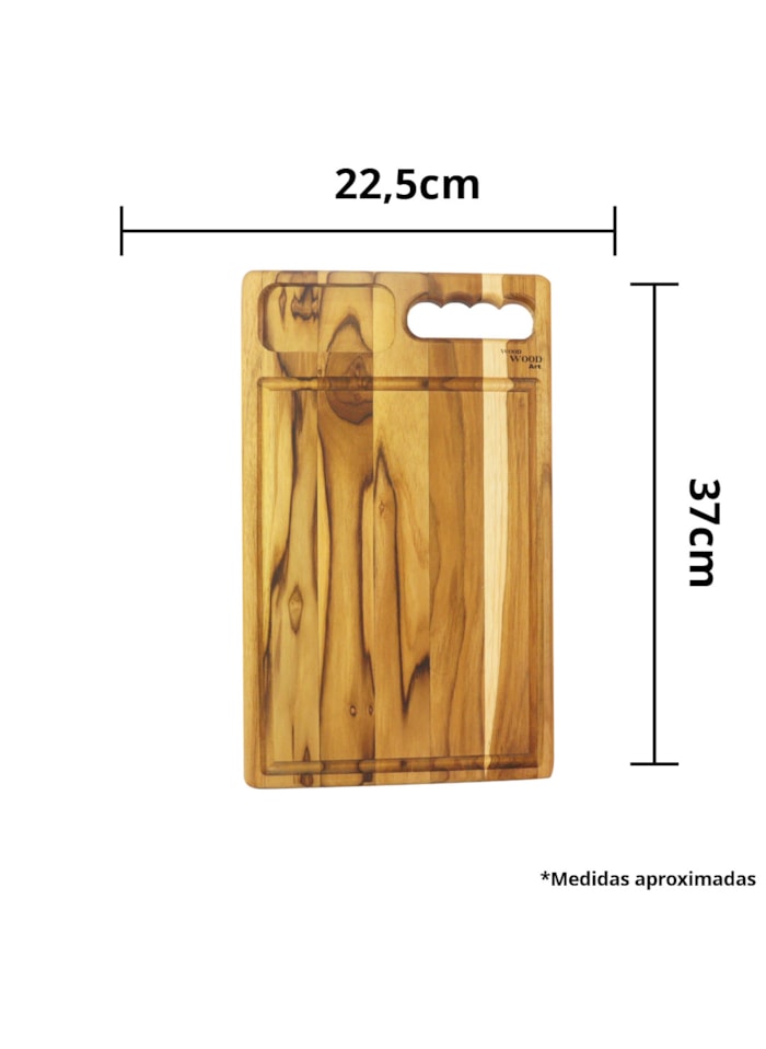 Tabua de Madeira Tratada - Formato Retangular c/ Alça e Petisqueira 37x22,5cm